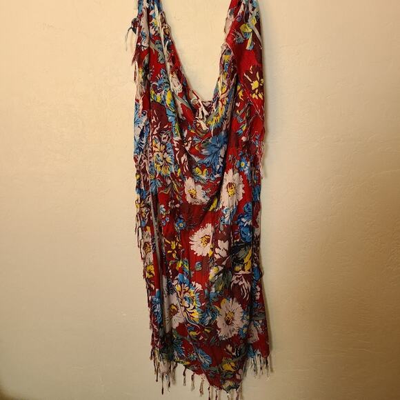 Floral Autumn Red & Gold Thin Knit Scarf Sarong Bohemian Festival Hipister - Picture 6 of 6